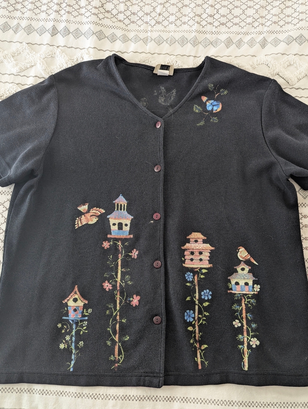 Teddi Floral/Birdhouse Painted Button-Front Blouse